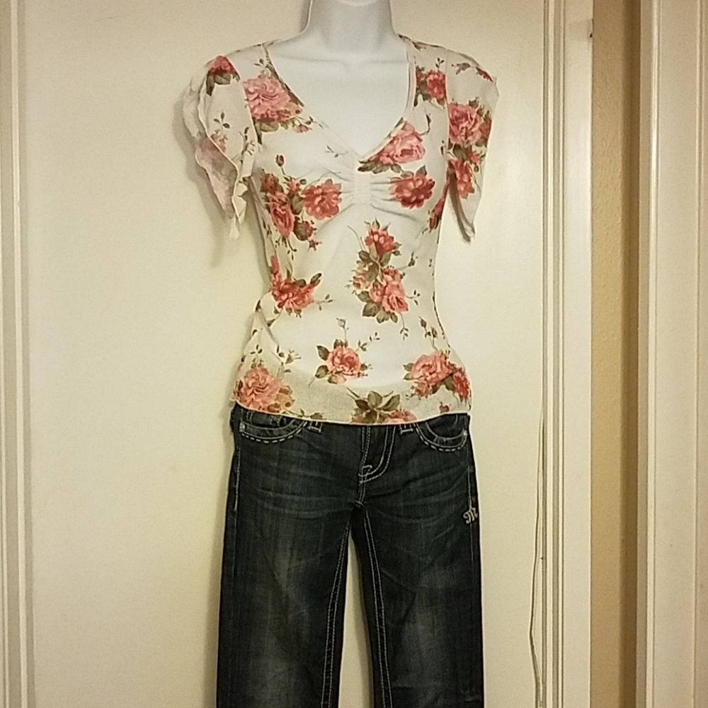 White with pink roses blouse.